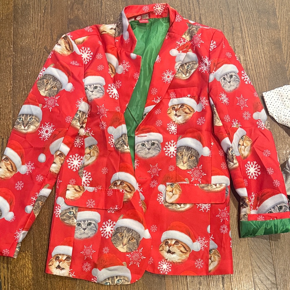 Festive Cat Print Blazer & Tie